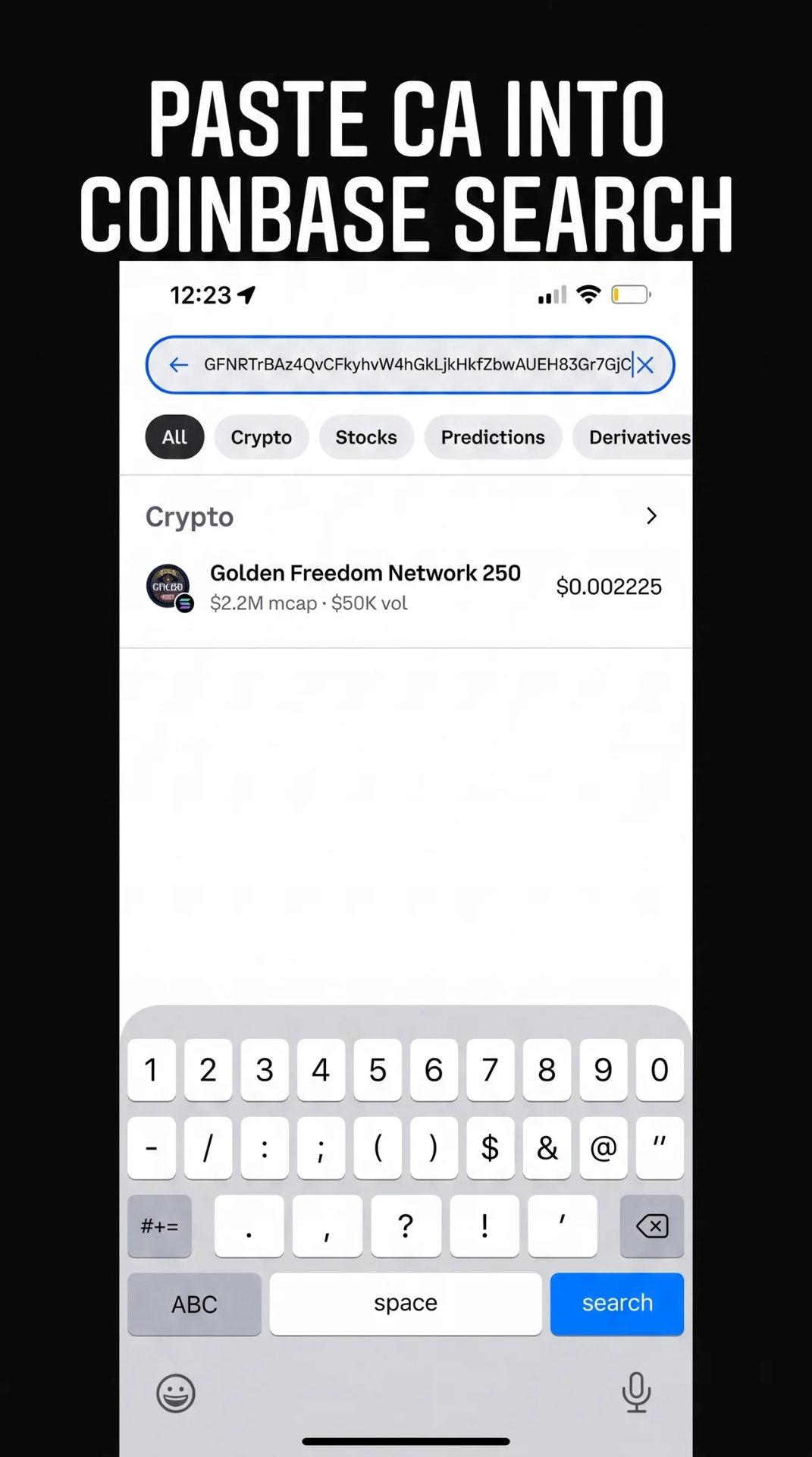 How to buy GFN250 on Coinbase — paste the contract address into Coinbase search